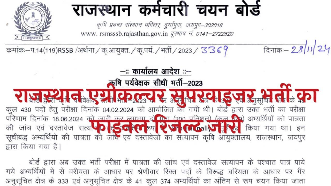 RSMSSB Agriculture Supervisor Result